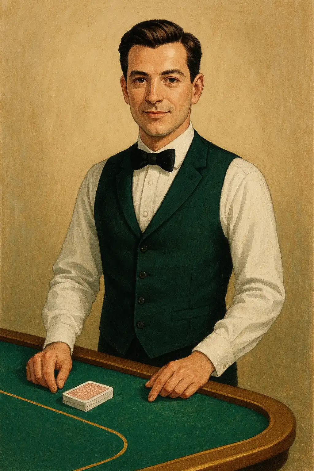 A smartly dressed croupier standing beside a green baize card table with gold trim
