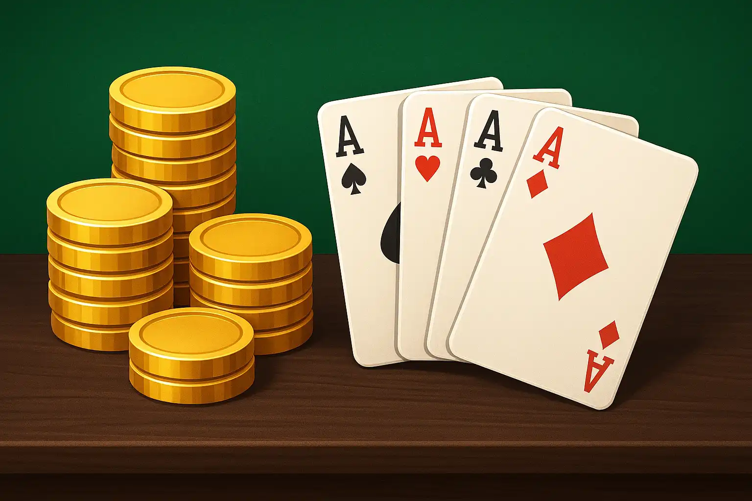 Stacked golden coins and fanned playing cards on a dark wood table with green baize background