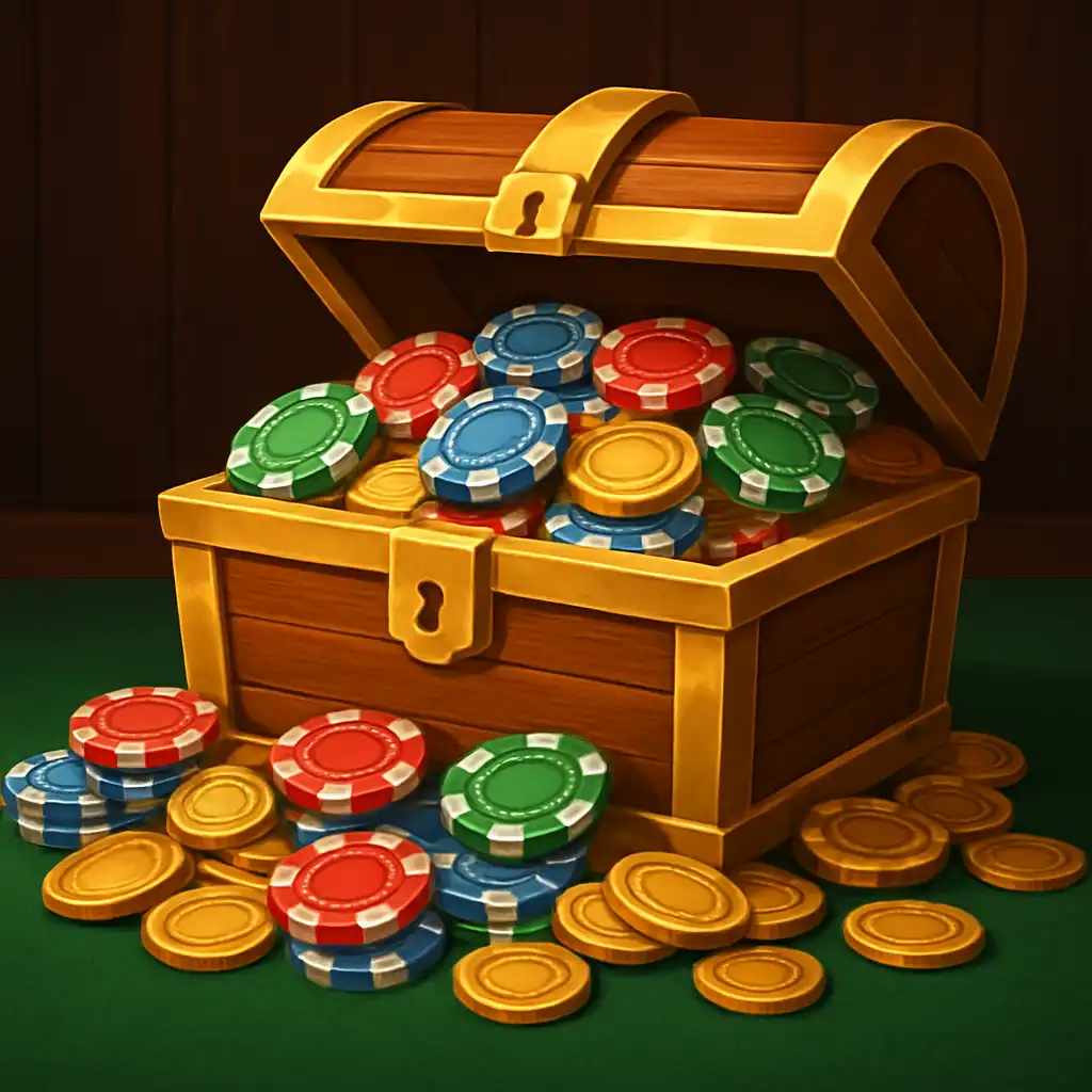 A golden treasure chest overflowing with poker chips and coins on a green baize table