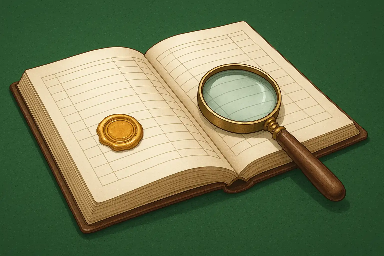 An open ledger book with a gold seal and magnifying glass resting on a green baize table