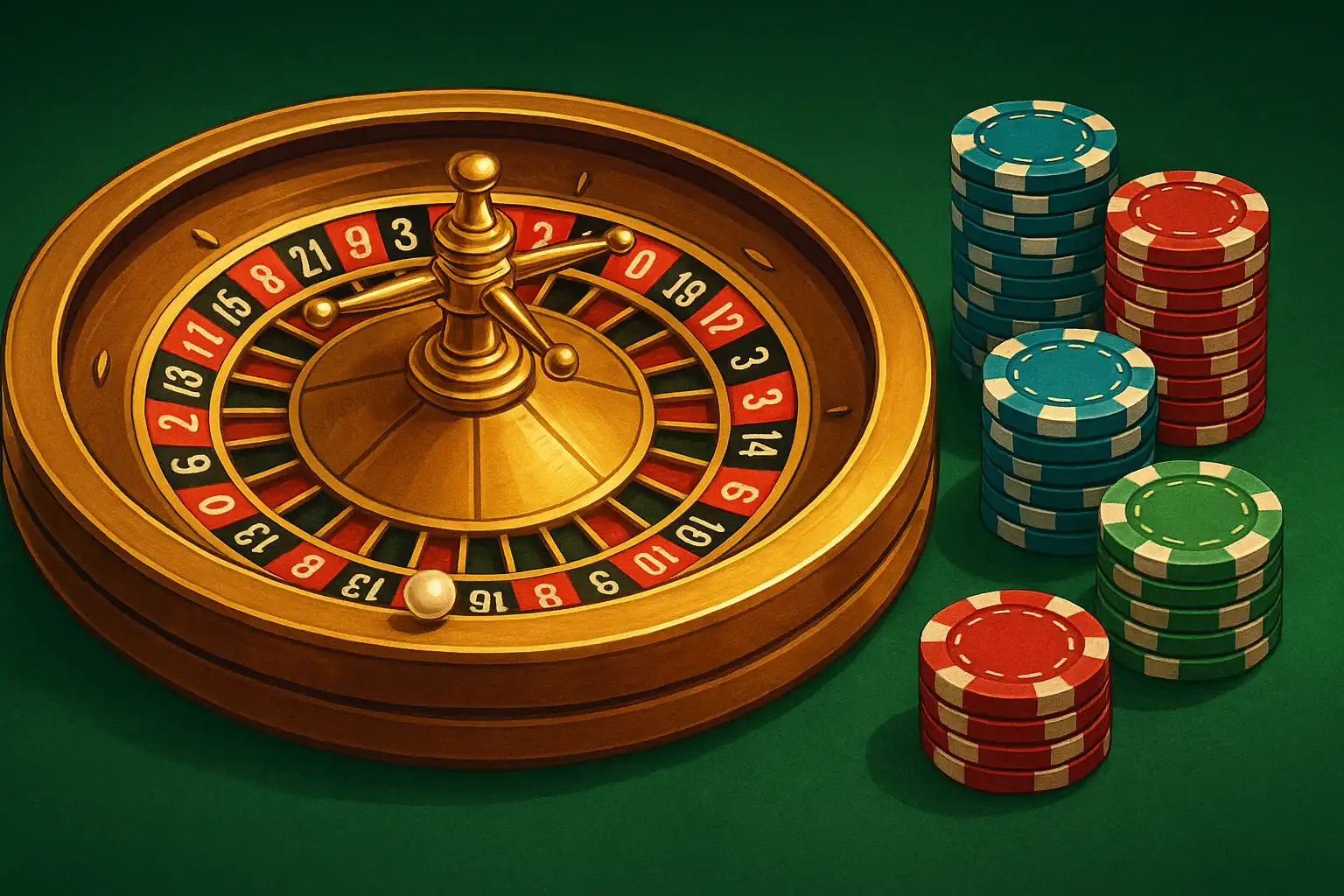 A golden roulette wheel spinning with a white ball above stacked casino chips on green baize