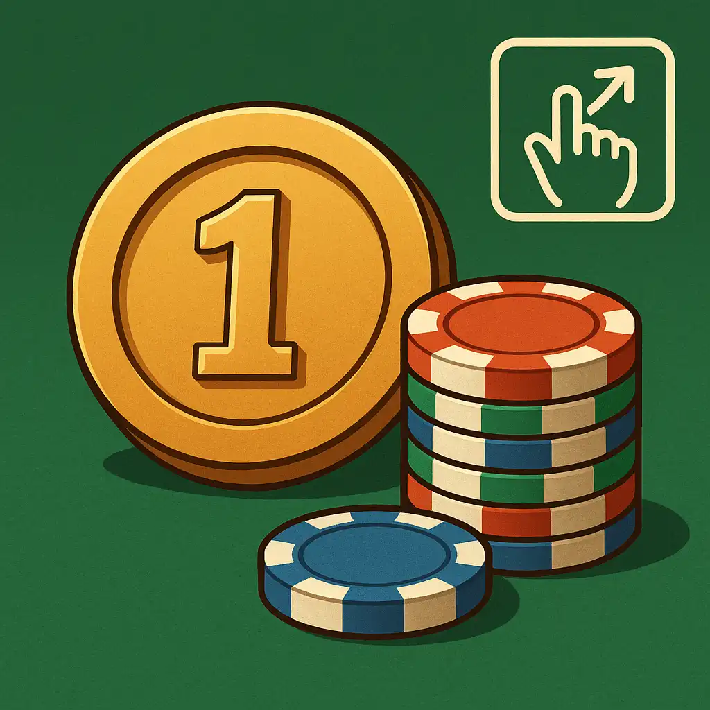 A golden badge numbered one with a stack of poker chips