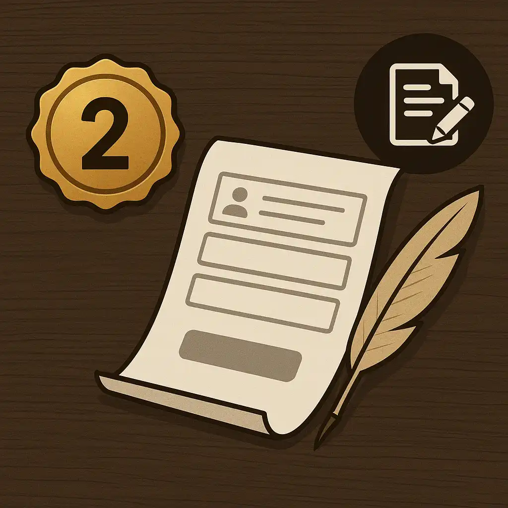 A golden badge numbered two with an open registration form and quill pen