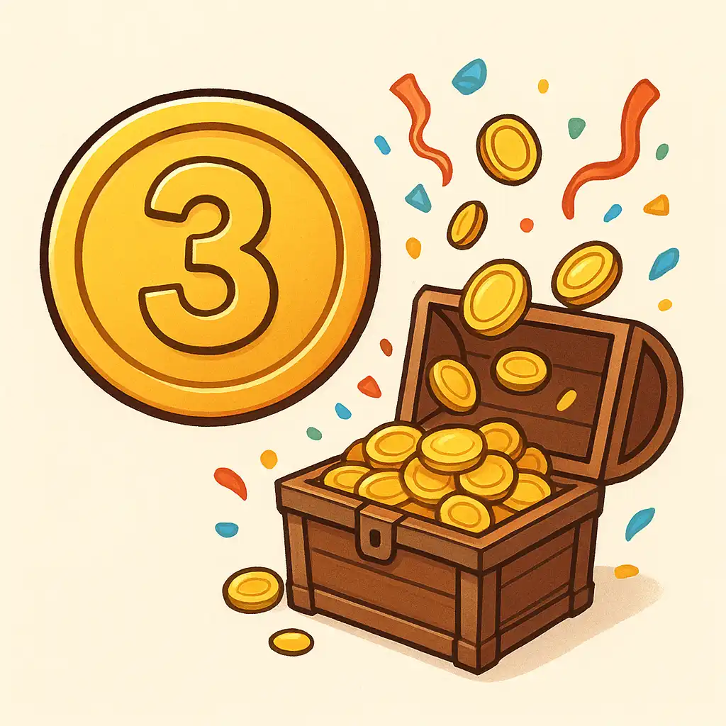 A golden badge numbered three with a treasure chest releasing gold coins